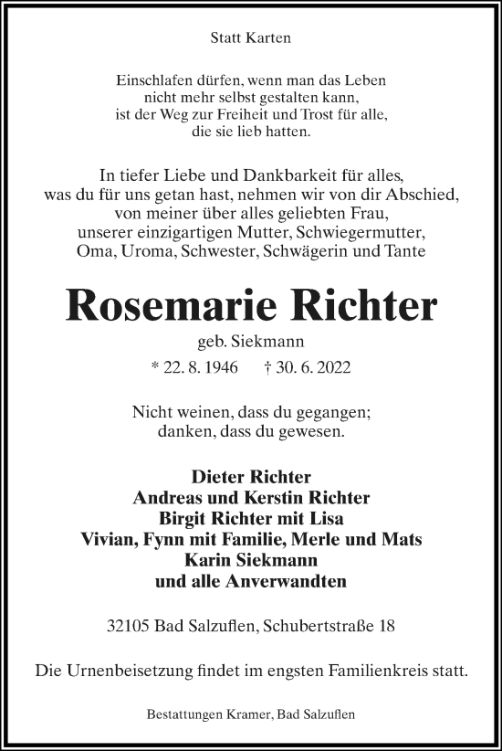 Anzeige  Rosemarie Richter  Lippische Landes-Zeitung
