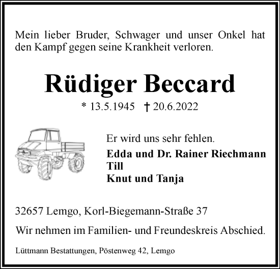 Anzeige  Rüdiger Beccard  Lippische Landes-Zeitung