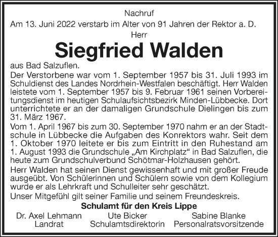 Anzeige  Siegfried Walden  Lippische Landes-Zeitung