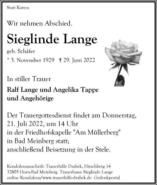 Anzeige  Sieglinde Lange  Lippische Landes-Zeitung