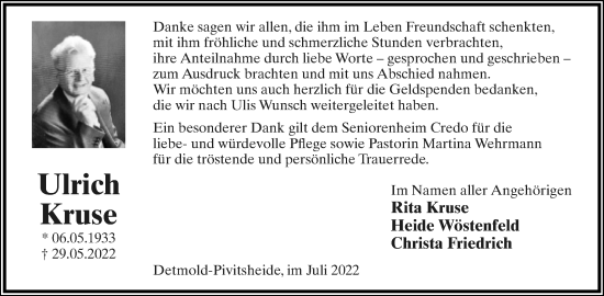 Anzeige  Ulrich Kruse  Lippische Landes-Zeitung