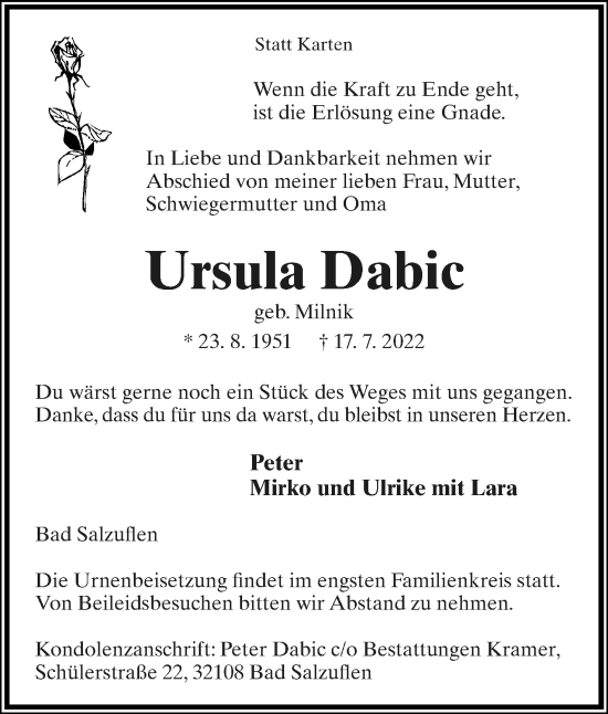 Anzeige  Ursula Dabic  Lippische Landes-Zeitung