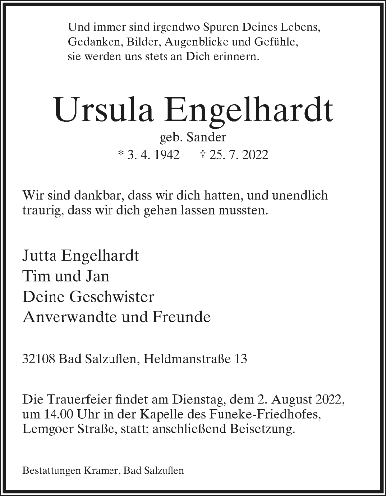  Traueranzeige für Ursula Engelhardt vom 30.07.2022 aus Lippische Landes-Zeitung