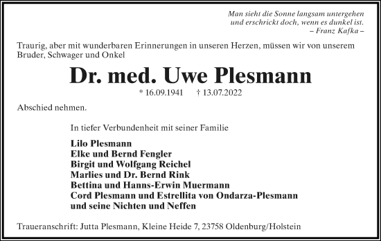 Anzeige  Uwe Plesmann  Lippische Landes-Zeitung