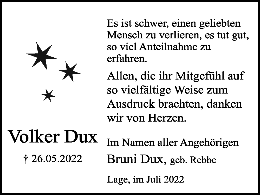 Traueranzeige für Volker Dux vom 16.07.2022 aus Lippische Landes-Zeitung