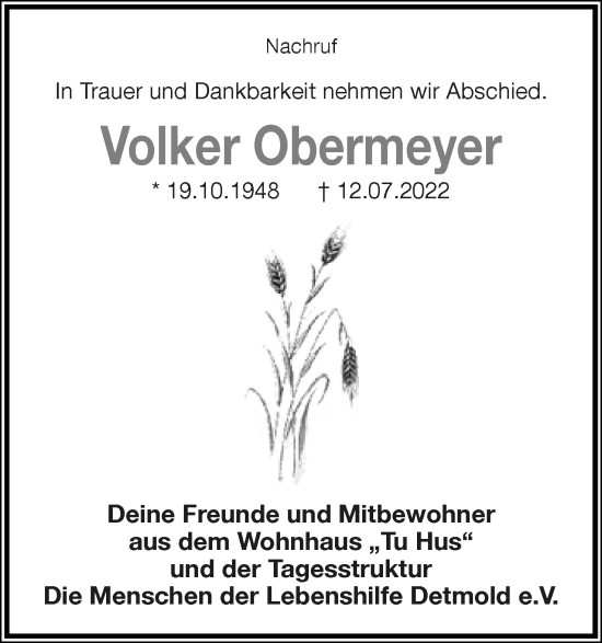 Anzeige  Volker Obermeyer  Lippische Landes-Zeitung