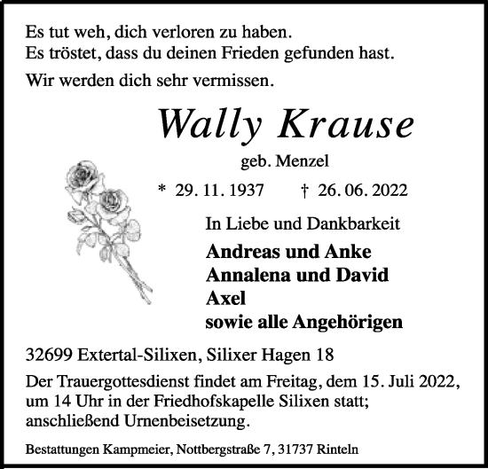 Anzeige  Wally Krause  Lippische Landes-Zeitung