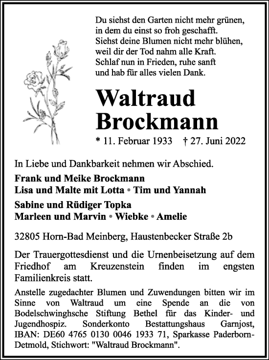 Anzeige  Waltraud Brockmann  Lippische Landes-Zeitung