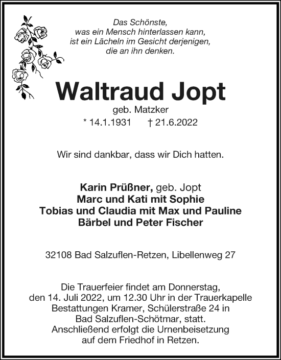 Anzeige  Waltraud Jopt  Lippische Landes-Zeitung