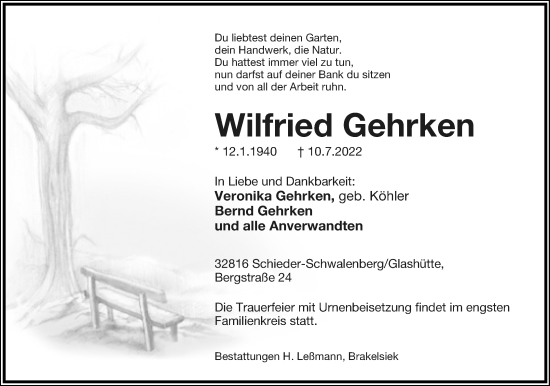 Anzeige  Wilfried Gehrken  Lippische Landes-Zeitung