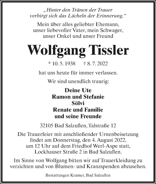 Anzeige  Wolfgang Tissler  Lippische Landes-Zeitung