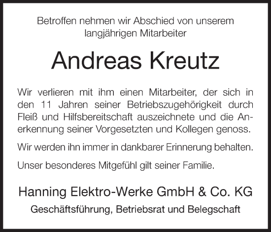 Anzeige  Andreas Kreutz  Lippische Landeszeitung