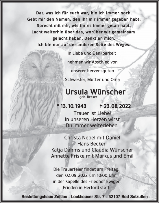 Anzeige  Ursula Wünscher   Lippische Landes-Zeitung