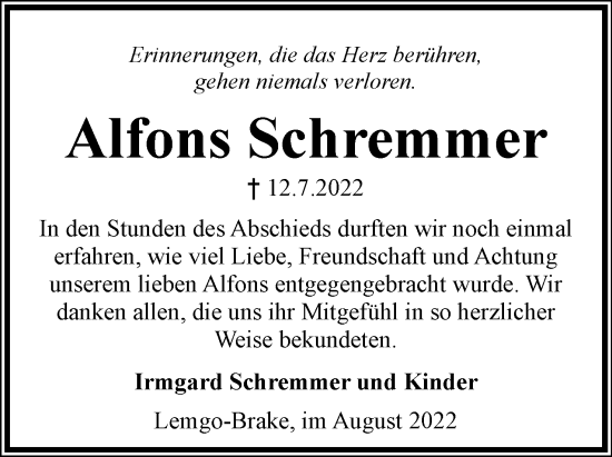 Anzeige  Alfons Schremmer  Lippische Landes-Zeitung