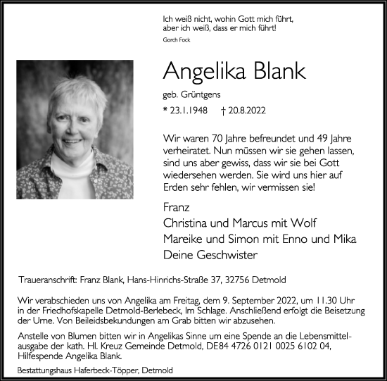 Anzeige  Angelika Blank  Lippische Landes-Zeitung