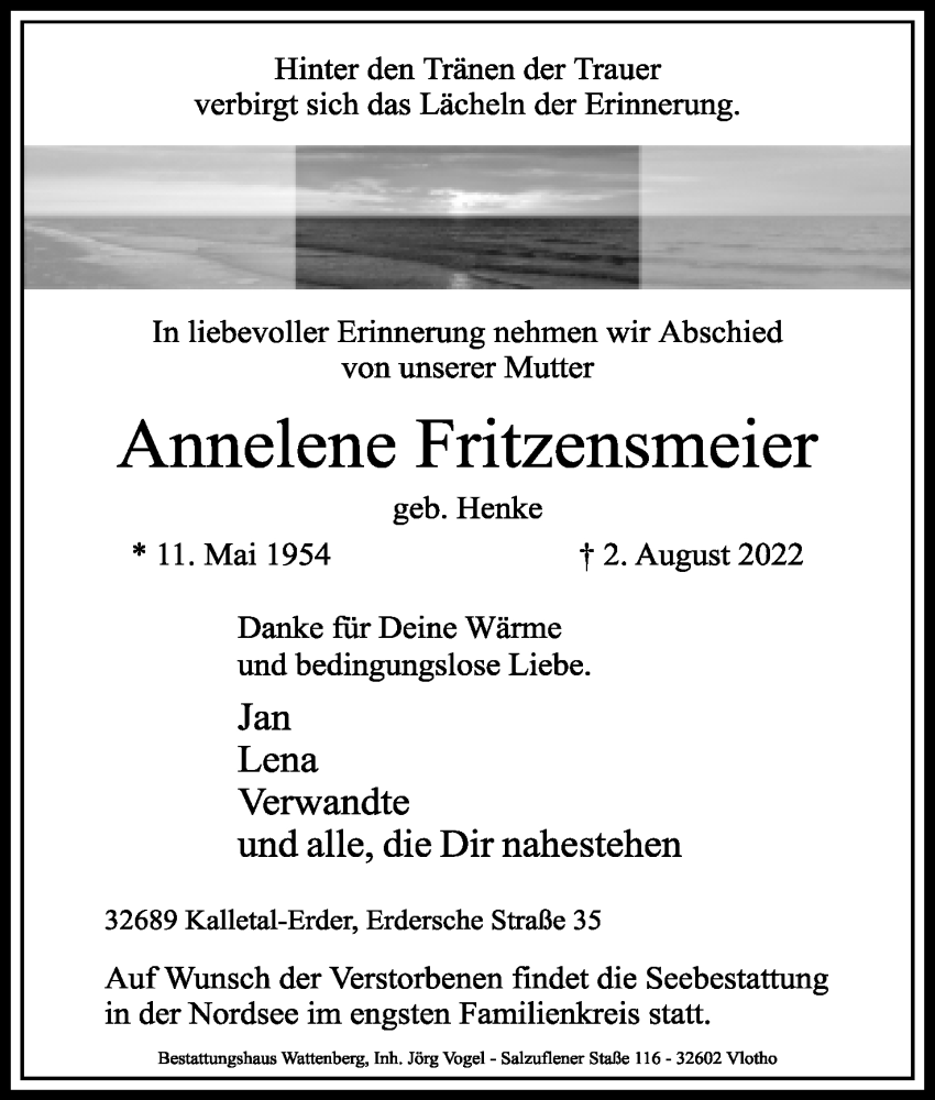  Traueranzeige für Annelene Fritzensmeier vom 06.08.2022 aus Lippische Landes-Zeitung