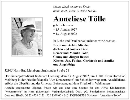 Anzeige  Anneliese Tölle  Lippische Landes-Zeitung