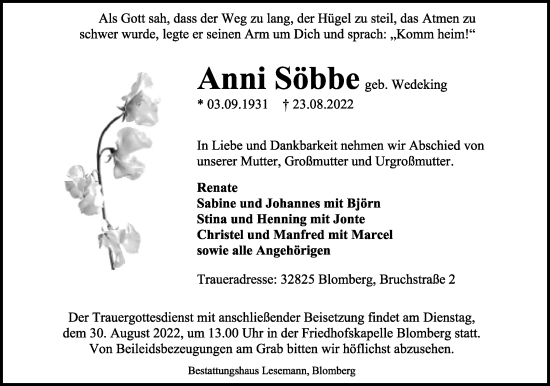 Anzeige  Anni Söbbe  Lippische Landes-Zeitung
