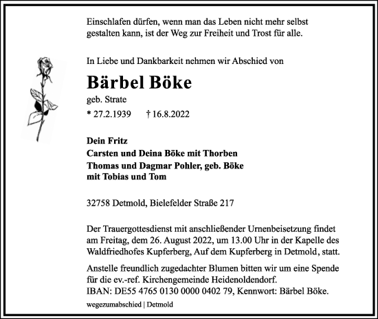 Anzeige  Bärbel Böke  Lippische Landes-Zeitung