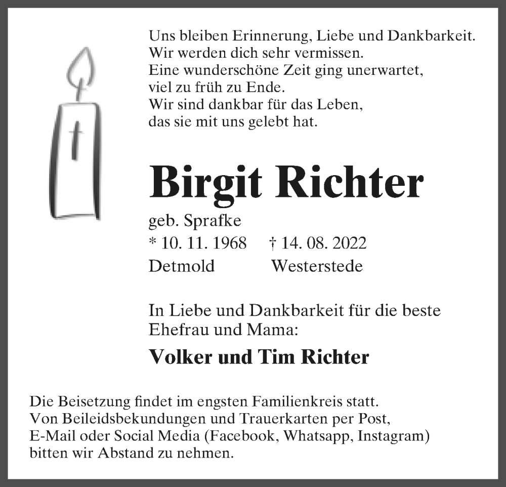  Traueranzeige für Birgit Richter vom 20.08.2022 aus Lippische Landes-Zeitung