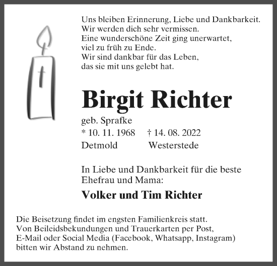 Anzeige  Birgit Richter  Lippische Landes-Zeitung