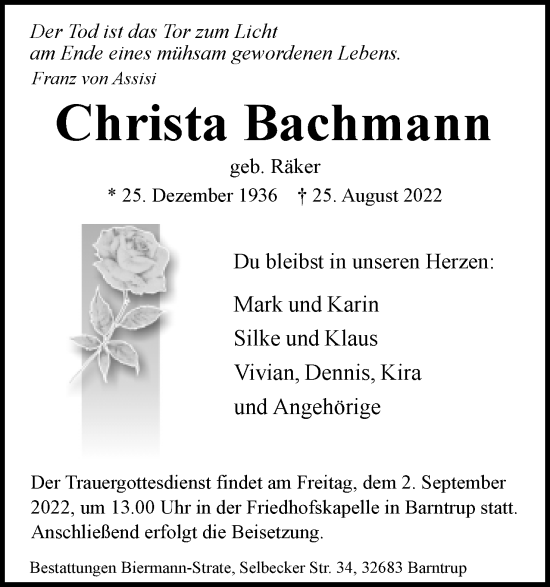 Anzeige  Christa Bachmann  Lippische Landes-Zeitung