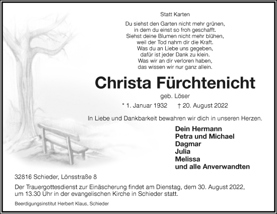 Anzeige  Christa Fürchtenicht  Lippische Landes-Zeitung
