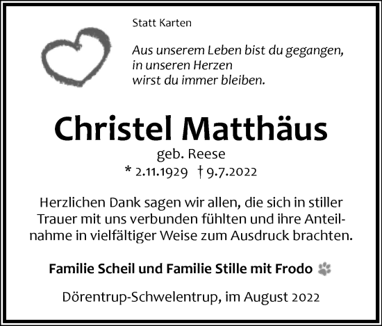 Anzeige  Christel Matthäus  Lippische Landes-Zeitung