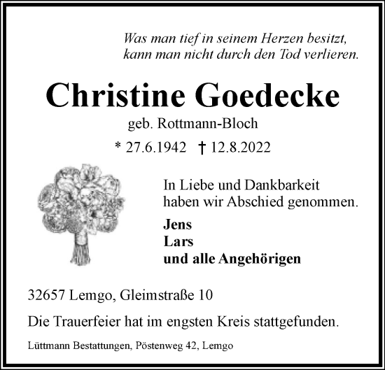 Anzeige  Christine Goedecke  Lippische Landes-Zeitung