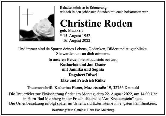 Anzeige  Christine Roden  Lippische Landes-Zeitung