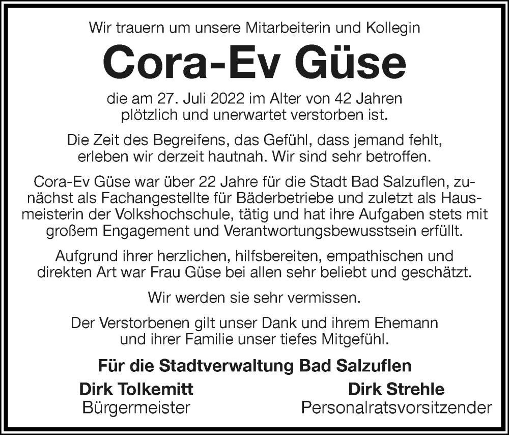  Traueranzeige für Cora-Ev Güse vom 06.08.2022 aus Lippische Landes-Zeitung