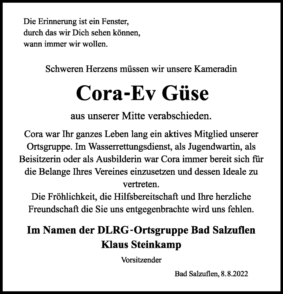  Traueranzeige für Cora-Ev Güse vom 11.08.2022 aus Lippische Landes-Zeitung
