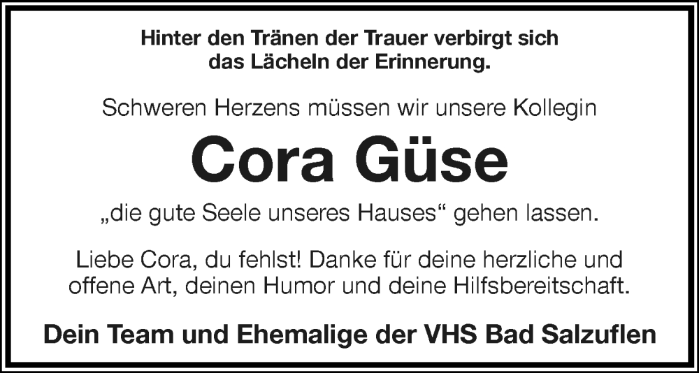  Traueranzeige für Cora-Ev Güse vom 06.08.2022 aus Lippische Landes-Zeitung