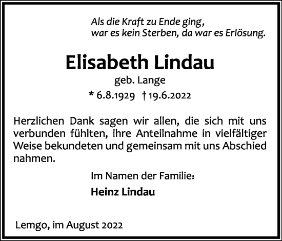 Anzeige  Elisabeth Lindau  Lippische Landes-Zeitung