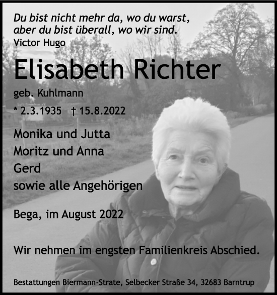 Anzeige  Elisabeth Richter  Lippische Landes-Zeitung