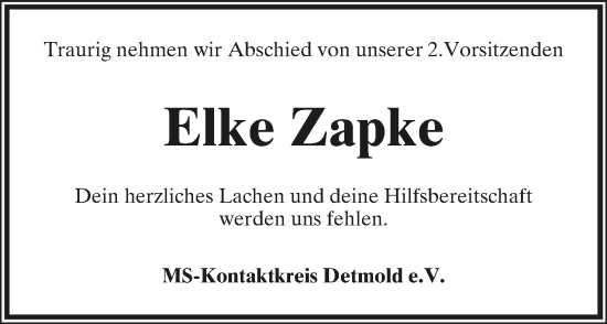 Anzeige  Elke Zapke  Lippische Landes-Zeitung