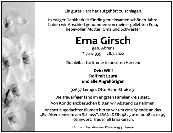 Anzeige  Erna Girsch  Lippische Landes-Zeitung