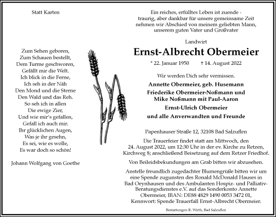Anzeige  Ernst-Albrecht Obermeier  Lippische Landes-Zeitung