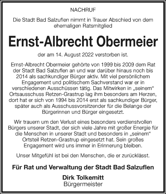 Anzeige  Ernst-Albrecht Obermeier  Lippische Landes-Zeitung