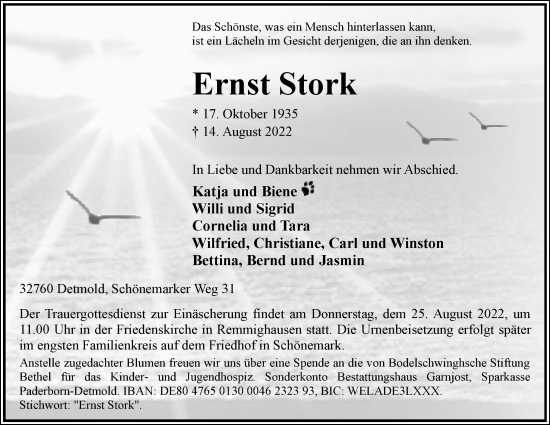 Anzeige  Ernst Stork  Lippische Landes-Zeitung