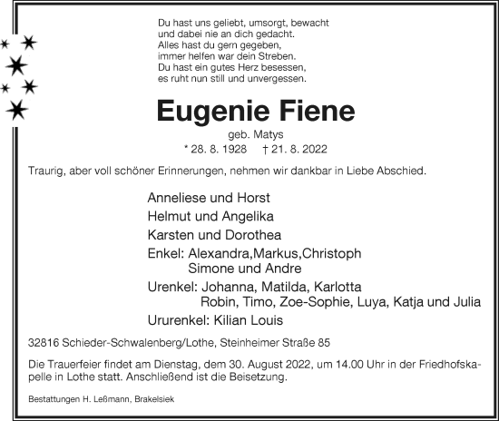 Anzeige  Eugenie Fiene  Lippische Landes-Zeitung