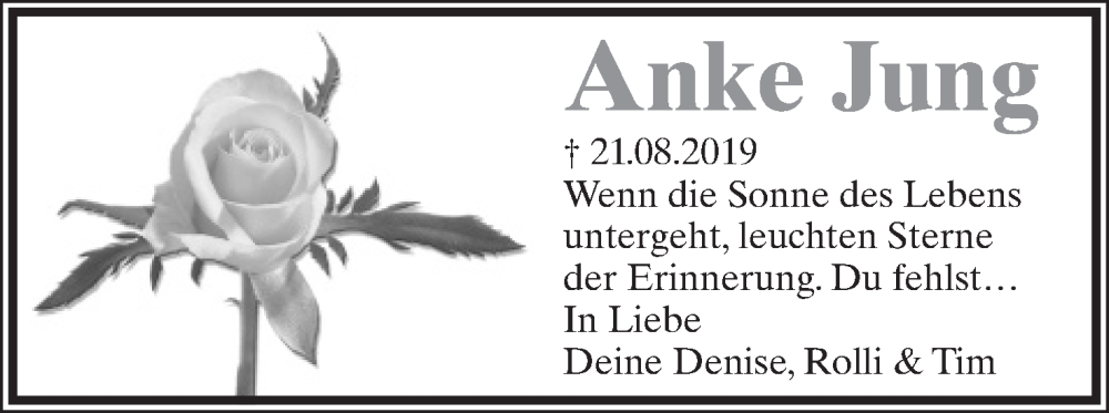  Traueranzeige für Anke Jung vom 20.08.2022 aus Lippische Landes-Zeitung