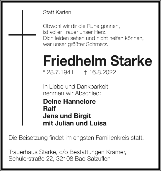 Anzeige  Friedhelm Starke  Lippische Landes-Zeitung