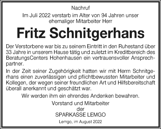 Anzeige  Fritz Schnitgerhans  Lippische Landes-Zeitung