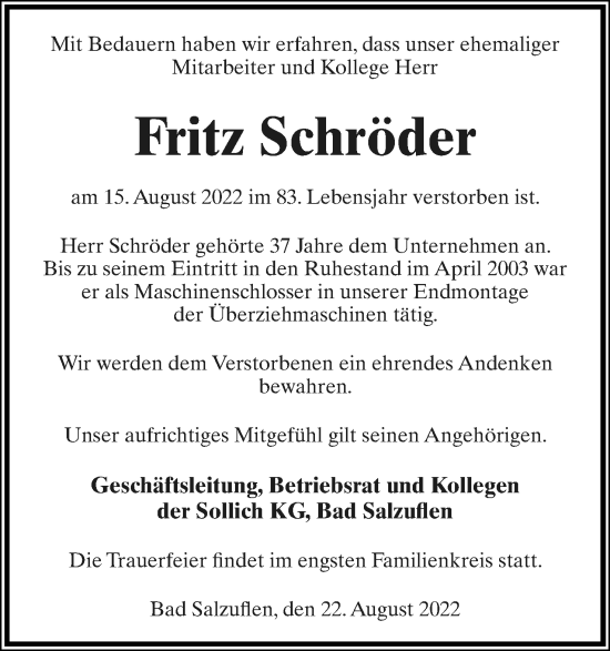 Anzeige  Fritz Schröder  Lippische Landes-Zeitung