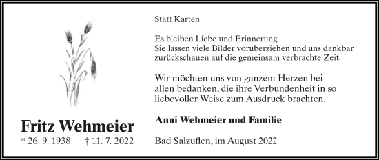 Anzeige  Fritz Wehmeier  Lippische Landes-Zeitung