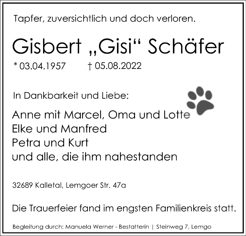  Traueranzeige für Gisbert Schäfer vom 20.08.2022 aus Lippische Landes-Zeitung
