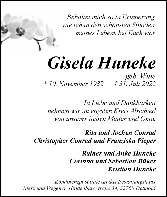 Anzeige  Gisela Huneke  Lippische Landes-Zeitung