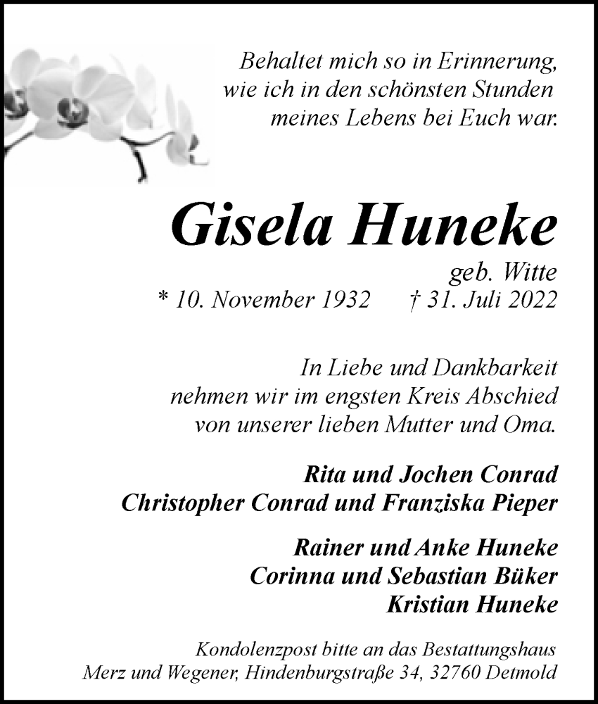  Traueranzeige für Gisela Huneke vom 06.08.2022 aus Lippische Landes-Zeitung