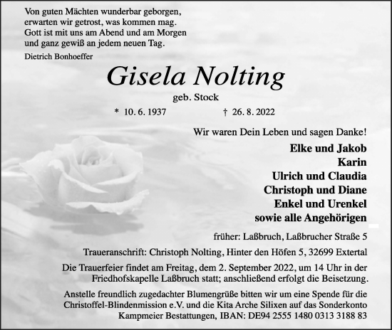 Anzeige  Gisela Nolting  Lippische Landes-Zeitung